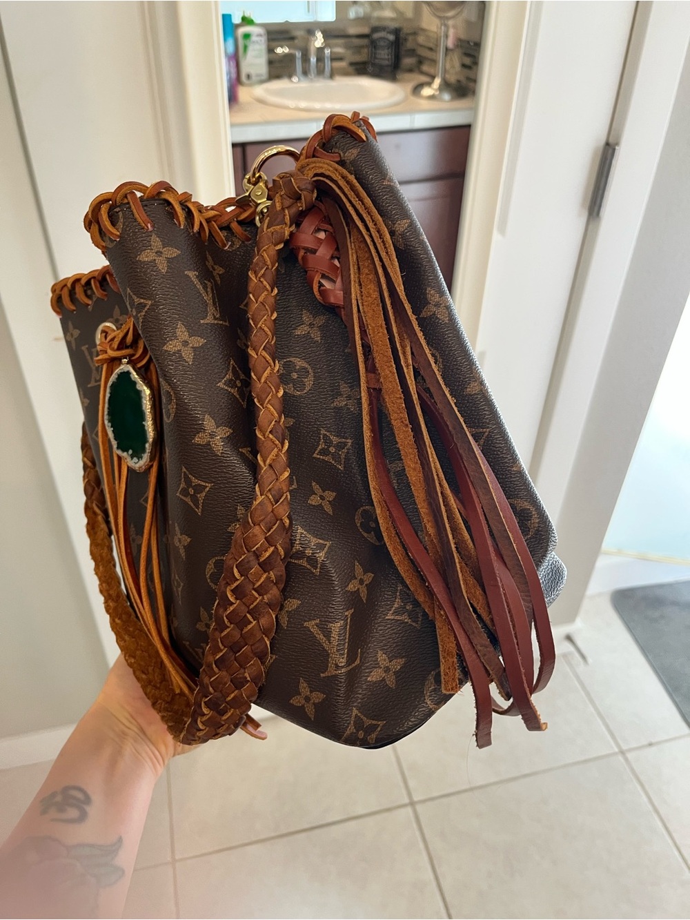 Repurposed Louis Vuitton Canvas Brown Monogram Fringe Bucket Bag - Brown/Pink - Picture 3 of 6